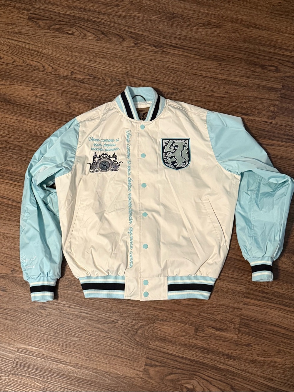 Grindhouse Denim Men’s Varsity-Style Light Blue and White Jacket in Size M
